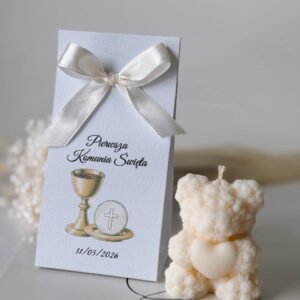 Pamiątka dla Gości na Pierwszą Komunię Świętą - Miś z sercem
